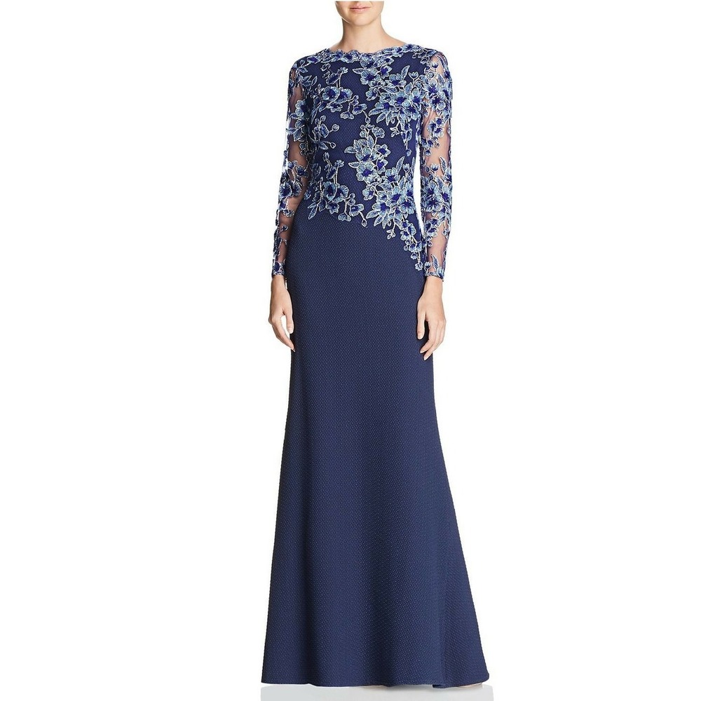 Tadashi Shoji Womens Navy Floral Long Sleeve Asymmetrical Hem Long Gown Sz 10